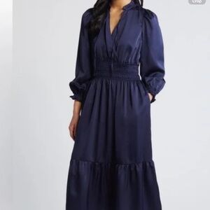 Eliza J Ruffle Trim Long Sleeve Satin Dress, size 10